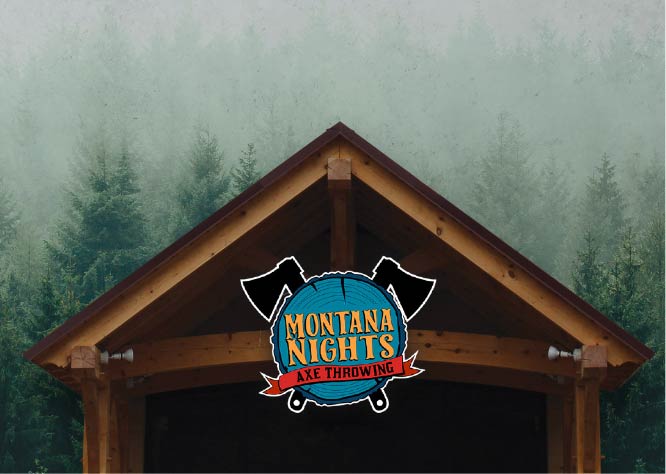 Image of cabin with the Montana Nights Axe Throwing logo on top. Montana Nights Top Axe-Bar + Entertainment Center in CT