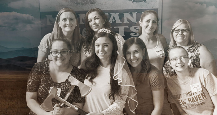 Bridal / bachelorette party event group photo. Montana Nights Axe Throwing Logo. Montana Nights Top Axe-Bar + Entertainment Center in CT