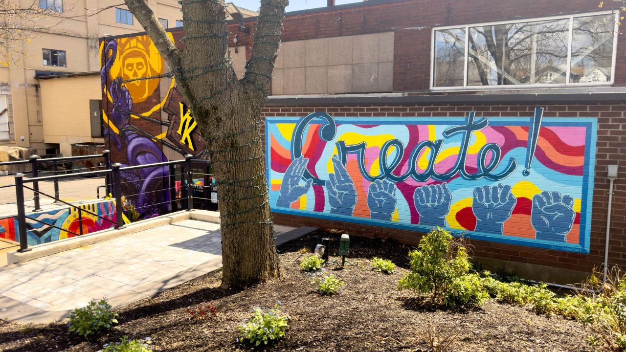 Colorful public art murals displayed in downtown Bristol, Connecticut. 